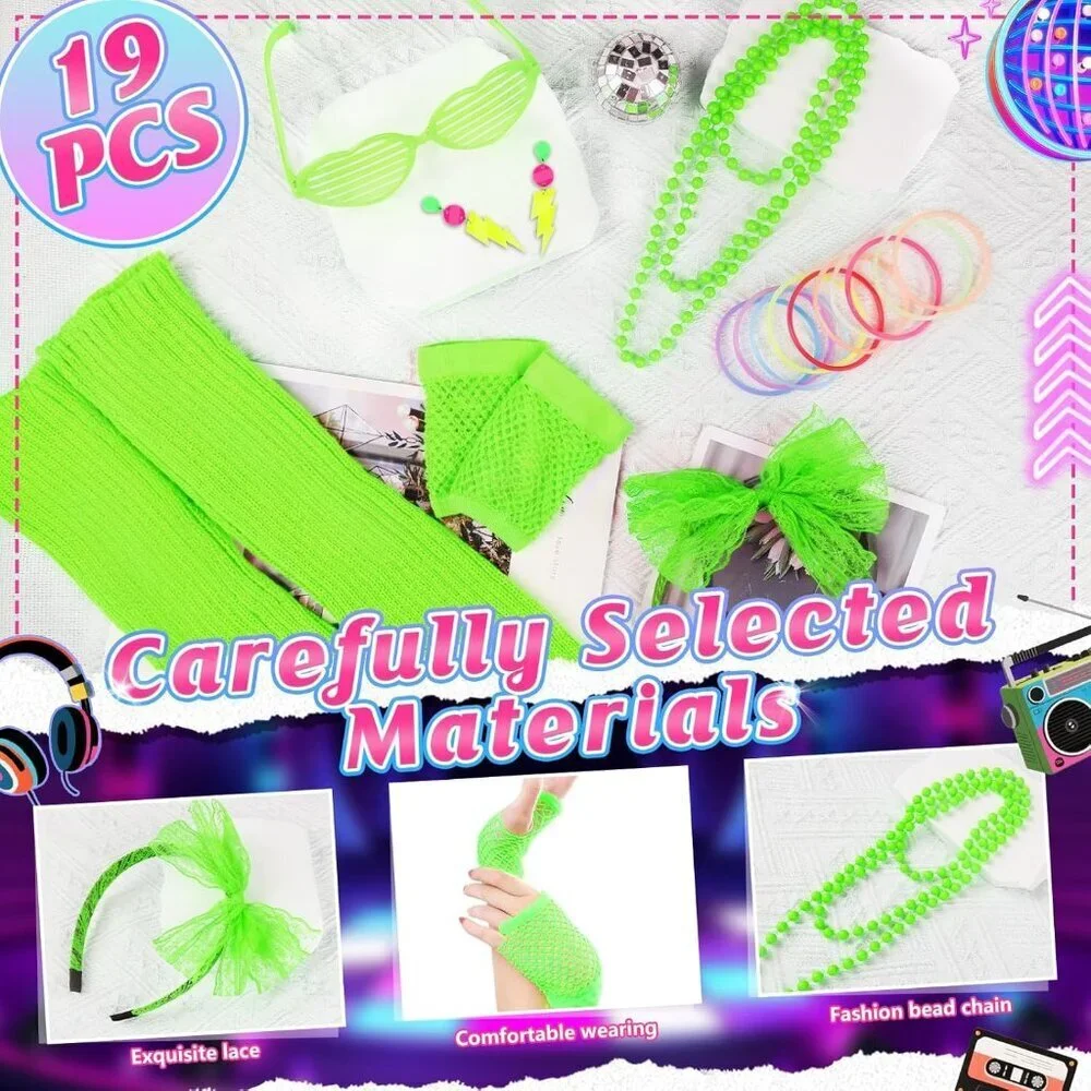 80s Costume Accessories Set Neon Headband Fishnet Gloves Leg Warmers
